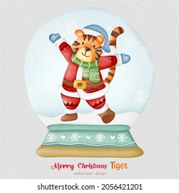 Christmas Tiger watercolor illustration, with a paper background. For design, prints, fabric, or background. Christmas element vector.