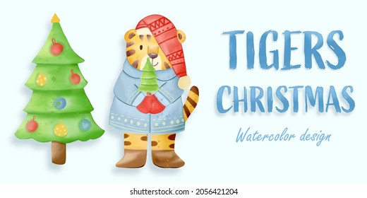 Christmas Tiger watercolor illustration, with a paper background. For design, prints, fabric, or background. Christmas element vector.