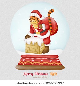 Christmas Tiger watercolor illustration, with a paper background. For design, prints, fabric, or background. Christmas element vector.