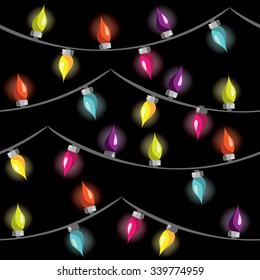 Christmas tile background with electric lamp garland. Seamless New Years party pattern. Decorative warping paper with glowing bulbs garland. Vector illustrated holiday backdrop