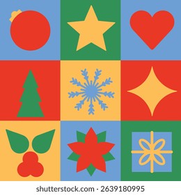Christmas tile set in four colors. Red, green, blue, yellow. Ornament, star, heart, tree, snowflake, mistletoe, flower, and gift icons separated in a grid of squares. Holiday vectors in EPS 10.