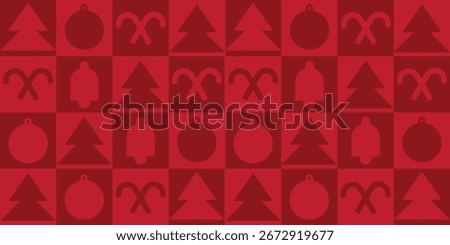 Christmas tile set icon seamless pattern. Holiday season contemporary abstract design. Evergreen tree silhouette, Xmas ornament, candy canes crossing. Christmas wallpaper backdrop background. EPS 10  
