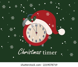 Christmas time.Red alarm clock with santa hat. Vector illustration. Christmas sales, countdown to the New Year