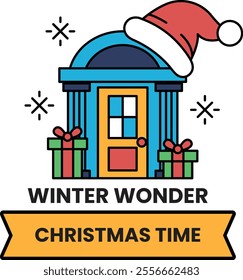 A Christmas time banner with a house and a hat on it. The house is blue and yellow and has a door. There are presents on the porch