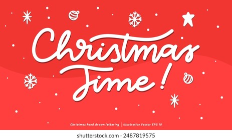 Christmas time brush calligraphy, Handwritten ink lettering, handwriting on red background, Flat Modern design ,Vector illustration EPS 10