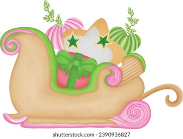 christmas time card or banner with santa sleigh. christmas snow sledge with gifts present boxes