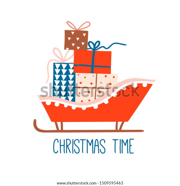 Christmas time card or banner with Santa\
Sleigh. Christmas snow sledge with gifts present boxes. Flat style\
design element for winter holiday season new year event. Cute hand\
drawn vector\
illustration