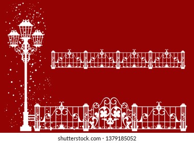 christmas time in the city decor set - winter season streetlight and fence easy editable vector silhouette