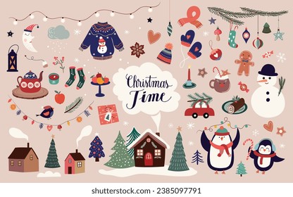 Christmas time elements collection with  winter seasonal design, vector illustration