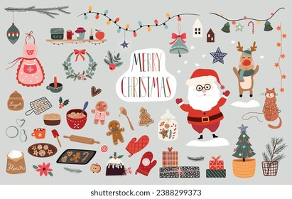 
Christmas time elements collection with  winter seasonal design, vector illustration, backing tools, Santa and Christmas tree
