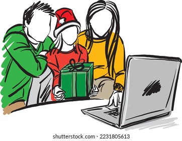 christmas time family in front laptop computer mom father daughter together vector illustration