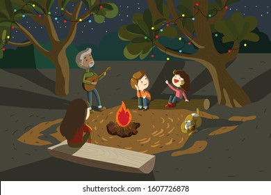 Christmas time family get together and having good time camping in the wild. Dad playing guitar while mother kids enjoy the music and sing along by the fire. Vector illustration