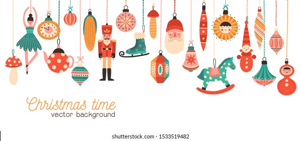 Christmas time flat banner vector template. Xmas tree decorations illustration with typography. Decorative toys hanging on strings. Traditional new year celebration accessories on white background.