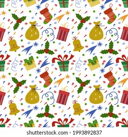 Christmas time. Flat cartoon style illustration. Christmas seamless pattern.