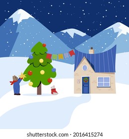 Christmas time. Flat cartoon style illustration. Decorated pine tree near the little house.