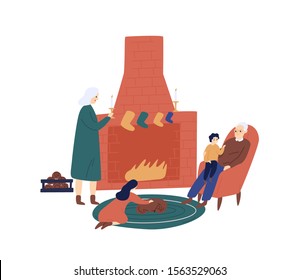 Christmas time with grandparents flat vector illustration. Elderly couple enjoying cozy evening near fireplace cartoon characters. Grandchildren visiting granny and grandad for Xmas celebration.