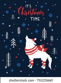 its christmas time greeting card  with arctic wolf in a cartoon forest over drk blue texture
