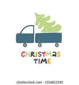 Christmas time greeting card. Car with Christmas tree. Vector illustration for kids