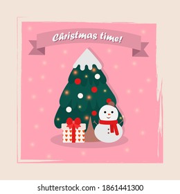 Christmas time greeting card. Gifts, snowman, garland, Christmas tree on a pink background. Winter vintage greeting card design. Invitation, template, greeting, website, background, office