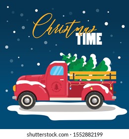 Christmas time greeting card  Pickup truck and Christmas tree   garland  Winter fields and falling snow  Vector illustration  Flat design 