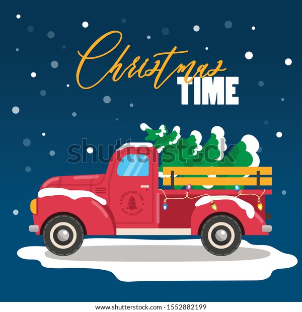 Christmas time greeting card. Pickup truck with\
Christmas tree and garland. Winter fields with falling snow. Vector\
illustration. Flat\
design.