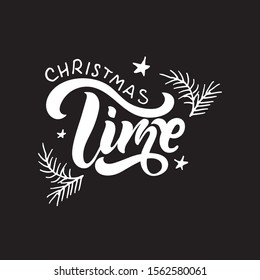 Christmas time hand written phrase and simple illustration of fir tree and stars. Modern brush calligraphy, white letters on black background. Design for greeting postcard, poster, banner.Vector EPS10