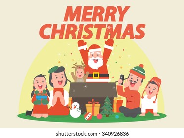 Christmas time - Happy family party with santa (Santa claus out of big gift box) - Vector illustration