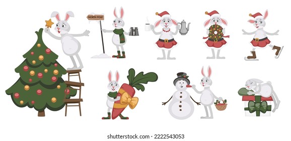Christmas time holiday preparation and celebration, isolated bunny character decorating pine xmas tree with star. Holding wreath and skating, giving presents and hanging out. Vector in flat style