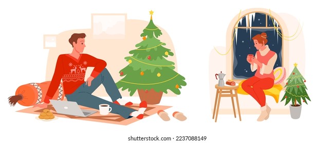 Christmas time at home, work and leisure of people set vector illustration. Cartoon cute woman with cup of hot coffee and cake sitting by window, hygge relax of man in warm wool sweater and socks