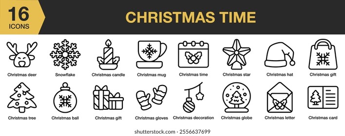 Christmas Time icon set. Includes mug, star, hat, gift, decoration, gloves, letter, and More. Outline icons vector collection.