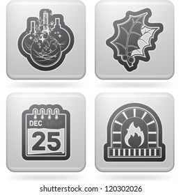 Christmas time idea - symbols and icons. Pictured here left to right, top to bottom:  Christmas baubles, Christmas decoration leaf, Calendar, Fireplace.