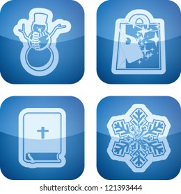 Christmas time idea - symbols and icons. Pictured here left to right, top to bottom:  Snowman, Shopping bag, Bible, Snowflake.