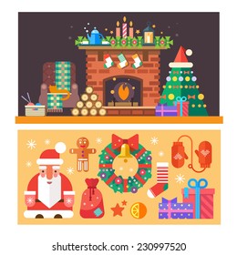 Christmas time. Interior of the house with a fireplace, Christmas tree, gifts, decorations. Vector flat illustration