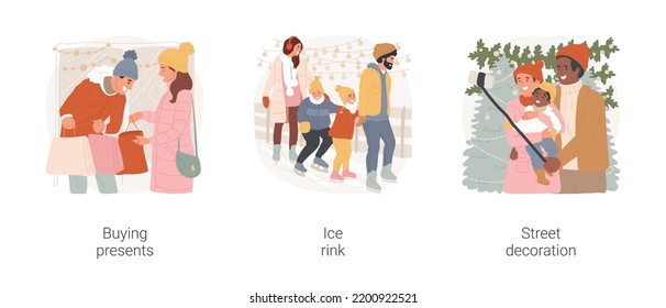 Christmas Time Isolated Cartoon Vector Illustration Set. Happy Couple Buying Christmas Gifts On Market, Family Skating At Ice Rink, Having Fun Together, Xmas Street Decoration Vector Cartoon.