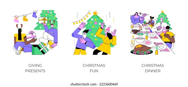 Escaparate de ilustraciones vectoriales de dibujos animados aislados en Navidad. Una pareja dándose regalos unos a otros, divirtiéndose en la fiesta de Navidad, diversos amigos celebran en la mesa juntos vectores de dibujos animados.