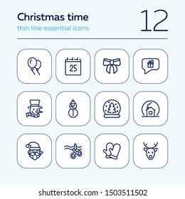 Christmas time line icon set. Set of line icons on white background. Festive concept. Snowman, Santa Claus, calendar. Vector illustration can be used for topics like Christmas, new year, decoration