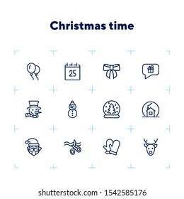 Christmas time line icon set. Set of line icons on white background. Festive concept. Snowman, Santa Claus, calendar. Vector illustration can be used for topics like Christmas, new year, decoration