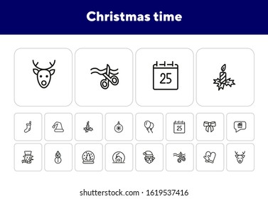 Christmas time line icon set. Set of line icons on white background. Festive concept. Snowman, Santa Claus, calendar. Vector illustration can be used for topics like Christmas, new year, decoration