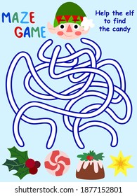 Christmas time maze game with elf stock vector illustration. Help the elf to find the candy - colorful printable page. Funny educational visual puzzle for preschool and school children. One of a serie