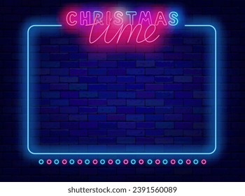 Christmas time neon banner. Happy New Year celebration. Space for text. Night show advertising. Blue frame. December party, event invitation. Minimal flyer. Glowing poster. Vector stock illustration