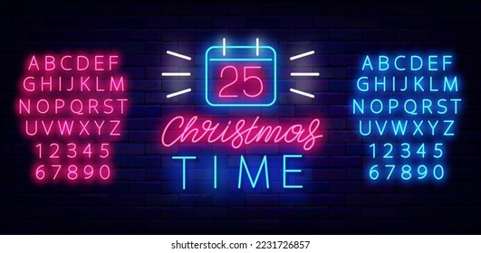 Christmas time neon signboard. Calendar with 25 date. Luminous advertising. Shiny blue and pink alphabet. December holiday. Glowing banner. Vector stock illustration