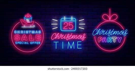 Christmas time neon signboards set. Holiday sale. Xmas tree ball frame. Santa sledge. Calendar icon. Shiny lettering banner. Happy New Year invitation. Special offer advertising. Vector illustration