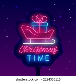 Christmas time neon street billboard. Santa Claus sleigh with present. Luminous advertising. Shiny greeting card. December holiday. Glowing banner. Editable stroke. Vector stock illustration