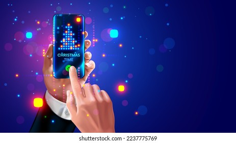 Christmas time. Phone in hand businessman. A businessman answers a phone call. Xmas holidays of business. New year and christmas celebration in office banner of party. Christmas tree calls on phone.