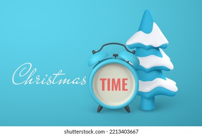 Christmas time promo banner design. Cute 3d alarm clock and xmas tree in cartoon style. New Year's decorative element. Vector illustration.