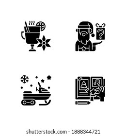 Christmas time recreation black glyph icons set on white space. Mulled wine. Secret Santa tradition. Snowmobile ride. DIY scrapbooking. Winter holiday. Silhouette symbols. Vector isolated illustration