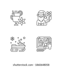Christmas time recreation linear icons set. Mulled wine. Secret Santa tradition. Winter holiday. Customizable thin line contour symbols. Isolated vector outline illustrations. Editable stroke