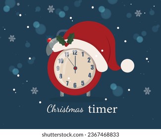 It's Christmas time. Red alarm clock in Santa's hat. Vector illustration. Christmas sales, countdown to New Year