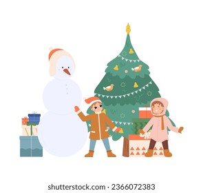 Christmas time scene with cute little children, xmas tree, gift boxes and snowman. Winter holidays, funny kids, brother and sister vector cartoon concept