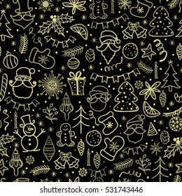 Christmas time seamless background. Hand drawn Christmas doodle icons design. Traditional golden winter holiday elements with Santa Claus isolated on black background. Doodle style vector illustration